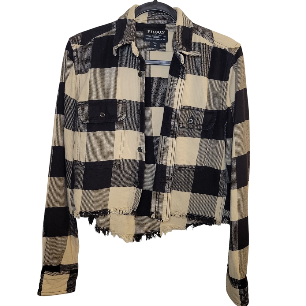 Filson Plaid Tartan Shirt with Fringe Cream and Black Pattern Women's XS